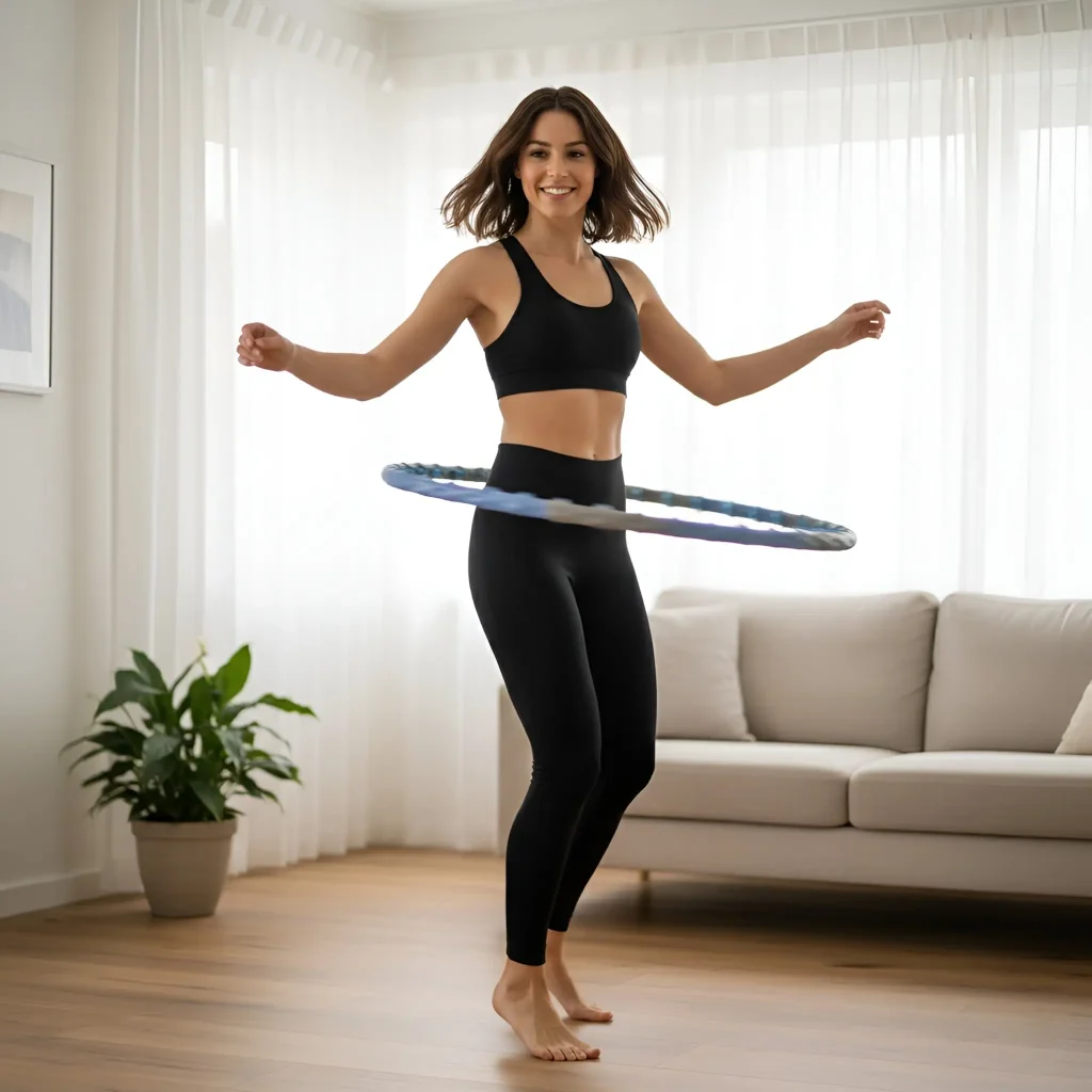 Barna hajú nő hullahopp karikával tornázik