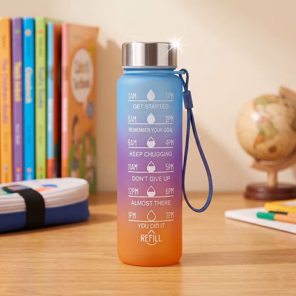 A legkisebb, 300 ml-es motivációs kulacs egy gyerek iróasztalán