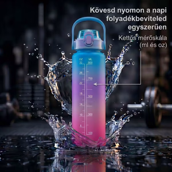 A motivációs kulacs hátoldalán látható mérőskála, amellyel könnyedén követhető a napi folyadékfogyasztás