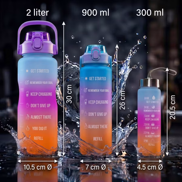 A 2 literes, a 900 ml-es és a 300 ml-es kulacsok paraméterei egyetlen fotón