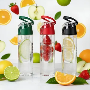 3 db csatos infuser kulacs, zöld, piros és fekete színű kupakkal