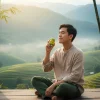 Egy fiatal férfi mutatja be az inhalátor alkalmazását természetes thai környezetben