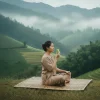 Egy gyönyörű thai nő használja a gyógynövényes inhalátort természetes thai környezetben
