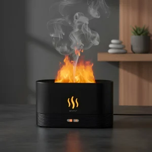 A tábortűz hatású Ruhhy aroma diffűzor elegáns dizájnnal, modern berendezéssel a háttérben, működés közben