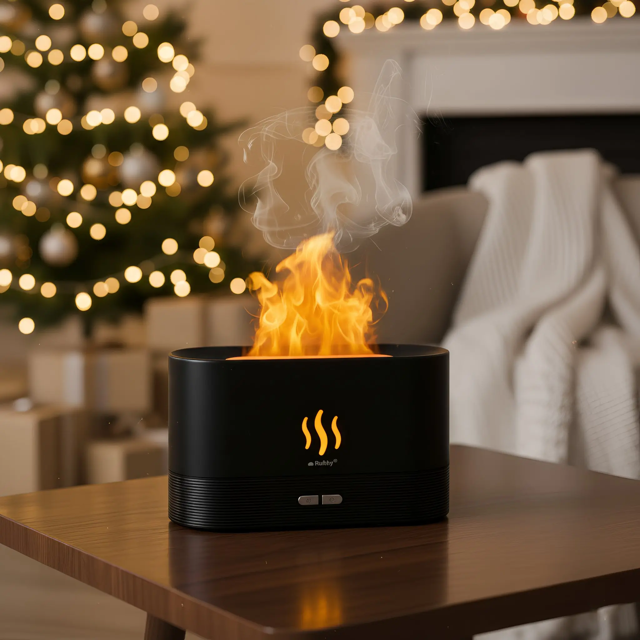 Az aroma diffúzor működés alatt, háttérben karácsonyi díszekkel