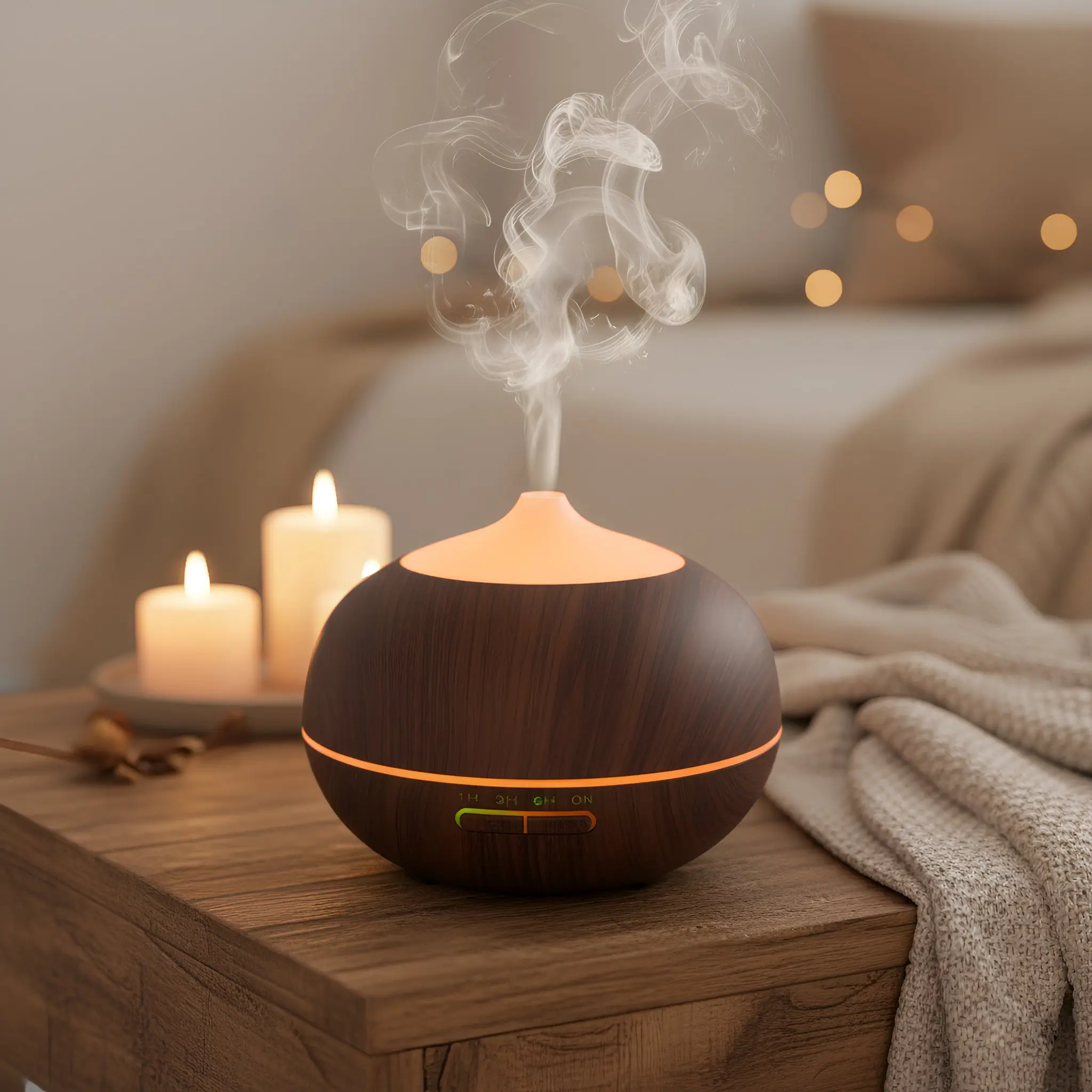 A sötétbarna aromaterápiás párásító egy gyertyákkal díszített hálószobában