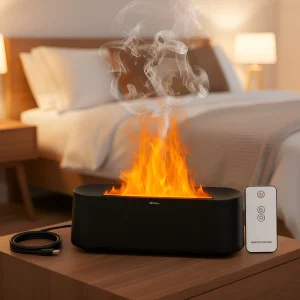 A kandalló effekttel rendelkező Ruhhy illat diffúzor működés közben kábelével és távirányítójával, háttérben egy franciaágy és két éjjeliszekrény