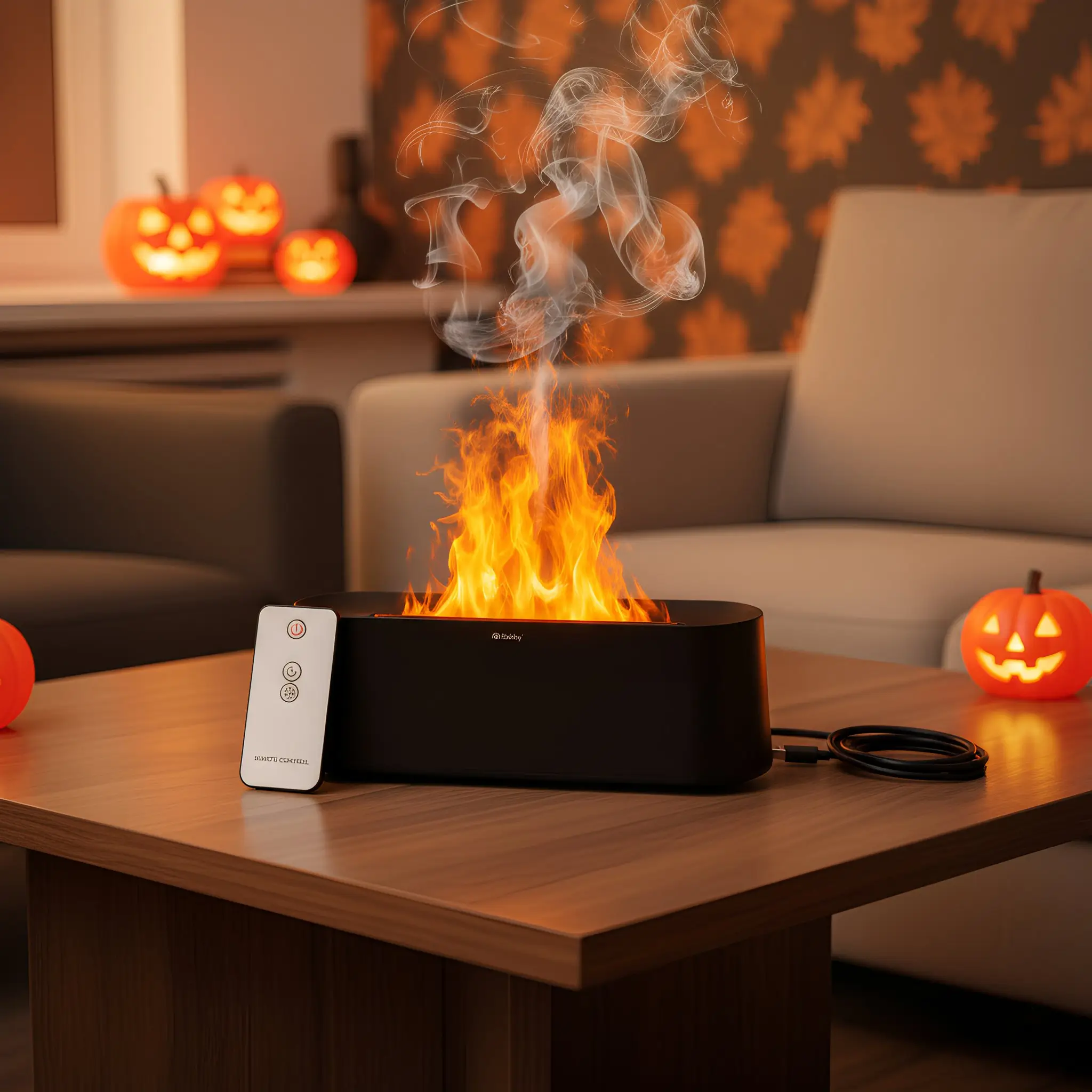 A Ruhhy illat diffúzor működés közben távirányítójával, a háttérben őszi, halloween díszlet