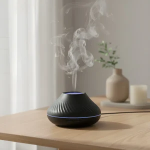 A vulkán hatású Ruhhy illóolaj párologtató egy asztalon, háttérben virággal és gyertyával