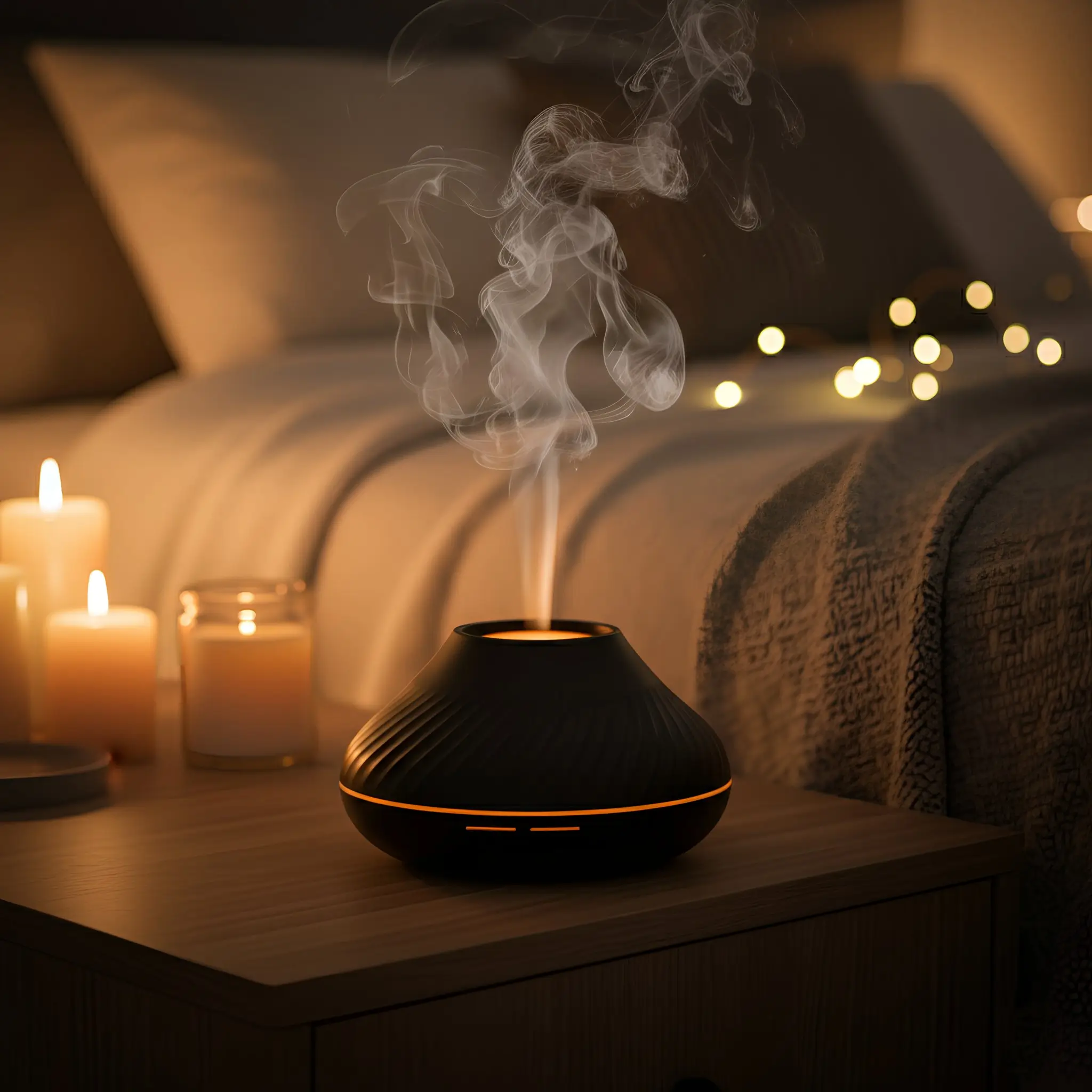 Az illóolaj párologtató működés közben, hangulatvilágítással a háttérben egy hálószobában