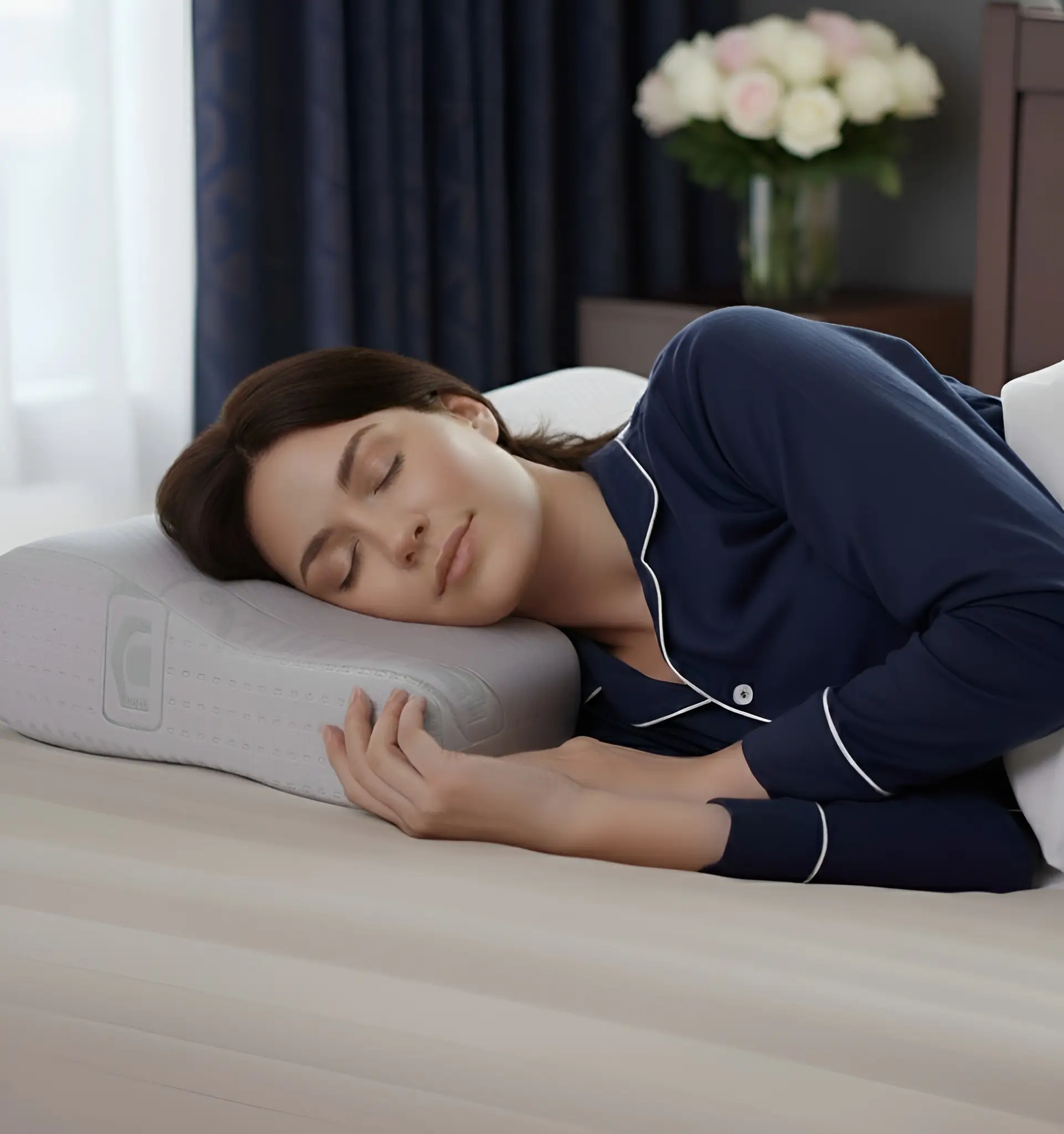 Egy nő alszik az anatómiai párnán