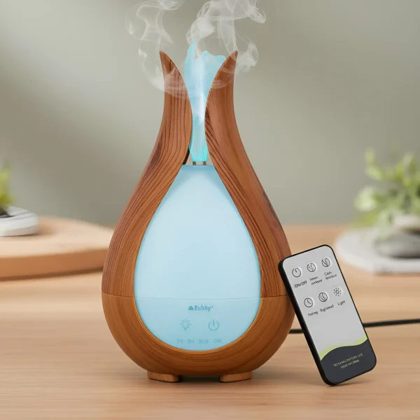 A Ruhhy ultrahangos aroma diffúzor működés közben, mellette távirányítóval