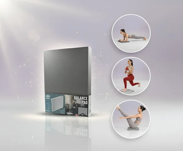 A kép bal oldalán az Umbro egyensúlypárna látható, jobb oldalt pedig alkalmazásának többféle módja