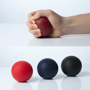A fotó felső részén egy kéz szorítja a kézerősítő labdát, alul pedig a 3 labda látható egymás mellett, különféle színekben