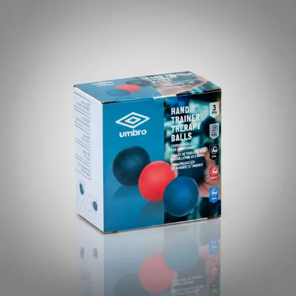 Az Umbro kézerősítő labda eredeti doboza, rajta használati utasításokkal, fotókkal és a termék paramétereivel