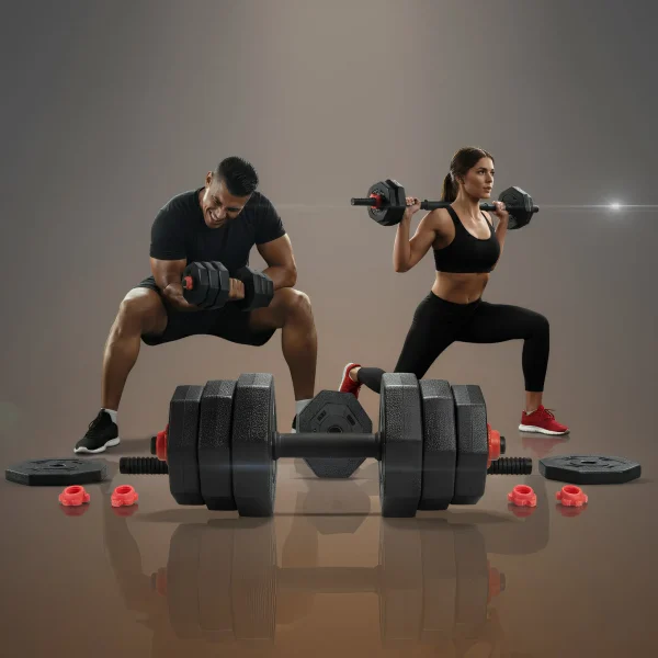 A háttérben egy erős férfi és egy fitt nő prezentálja a súlyzószett segítségével elvégezhető gyakorlatokat, ennek előterében pedig a készlet darabjai láthatóak