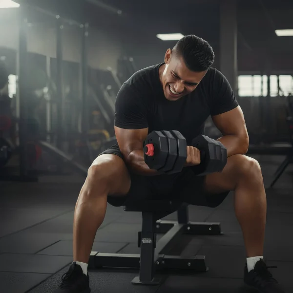 Erős férfi edz a súlyzószettel