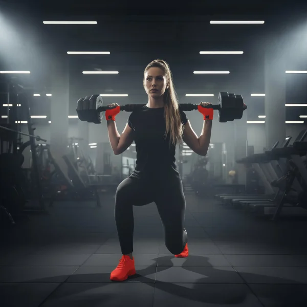 Szőke hajú nő erősít egy edzőteremben a súlyzószett segítségével