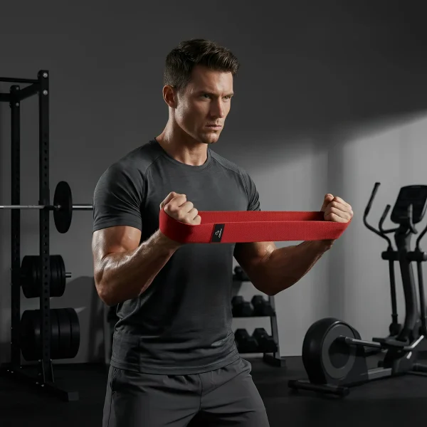 Erős férfi edz egy piros színű edzőgumi, azaz fitnesz szalag segítségével