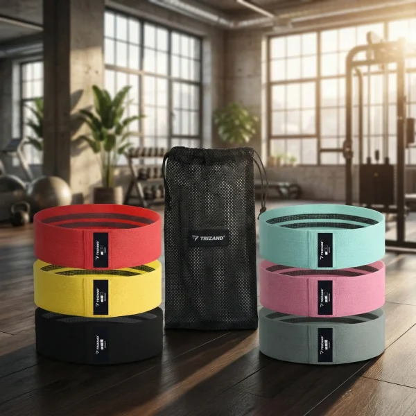 A kép két oldalán a választható edzőgumi készletek, középen pedig a hordtáska látható