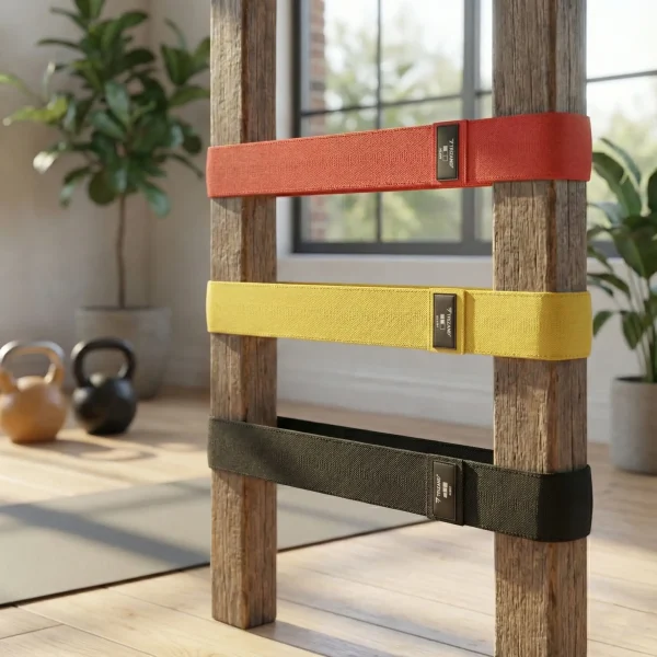 A piros, sárga és fekete színű edzőgumi edzőtermi környezetben