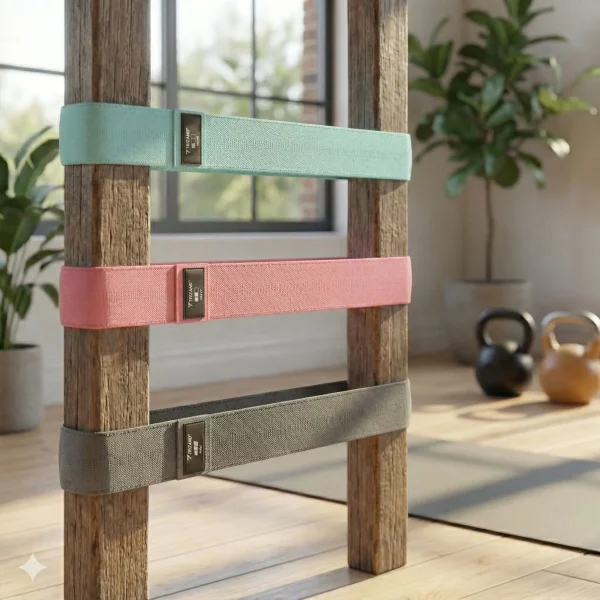 A menta, rózsaszín, és szürke színű edzőgumi feszített állapotban, két gerenda között