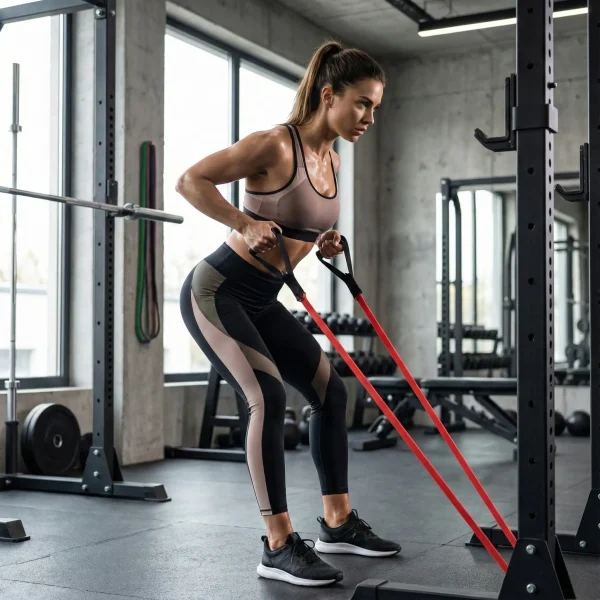 Egy nő erősít a Trizand fitness gumiszalaggal egy konditeremben