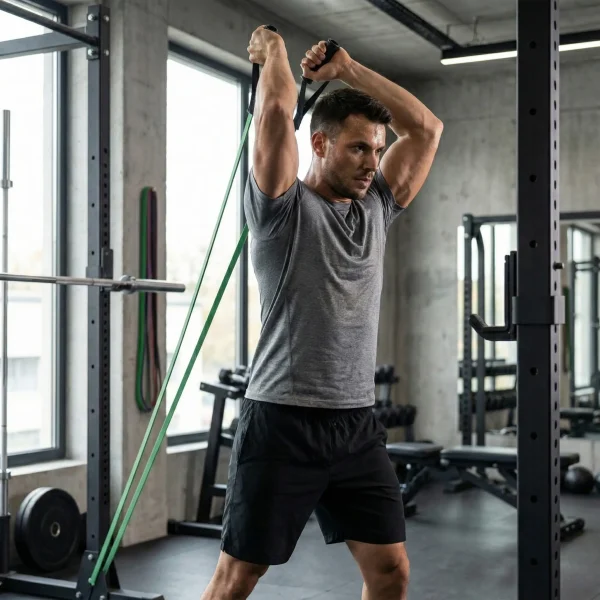 Egy féri edz a fitness gumiszalag segítségével egy edzőteremben