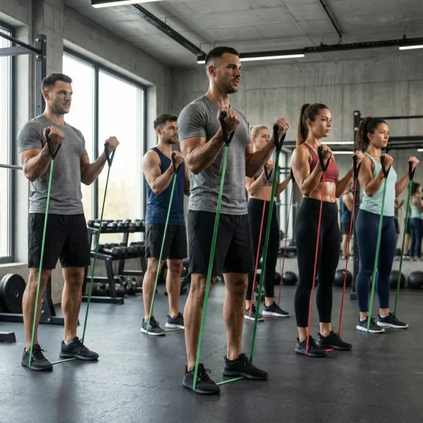 Csoportos edzés a fitness gumiszalaggal