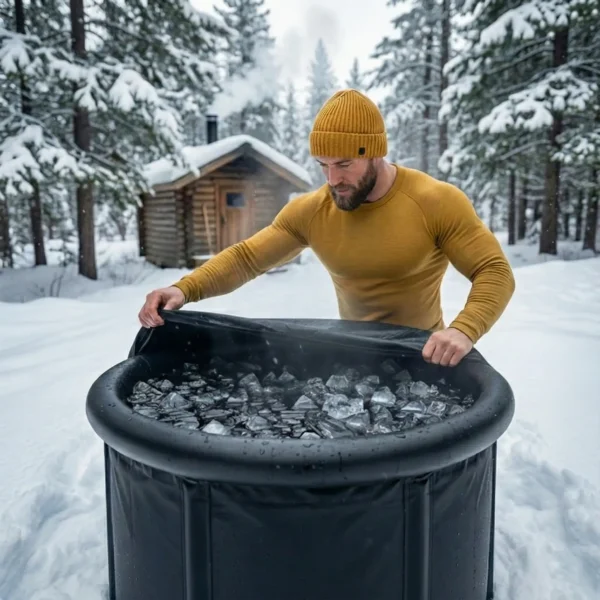 Egy férfi épp letakarja a kertjében lévő hidegvizes merülő dézsát