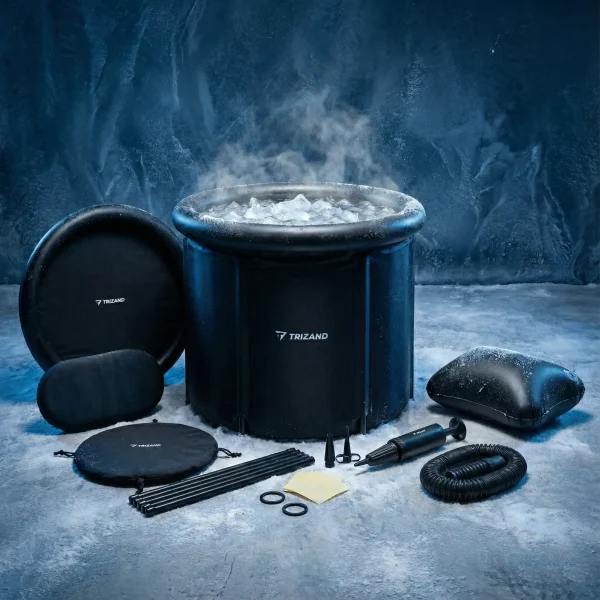 A Trizand hidegvizes merülő dézsa egy havas, jeges környezetben, tartozékaival együtt