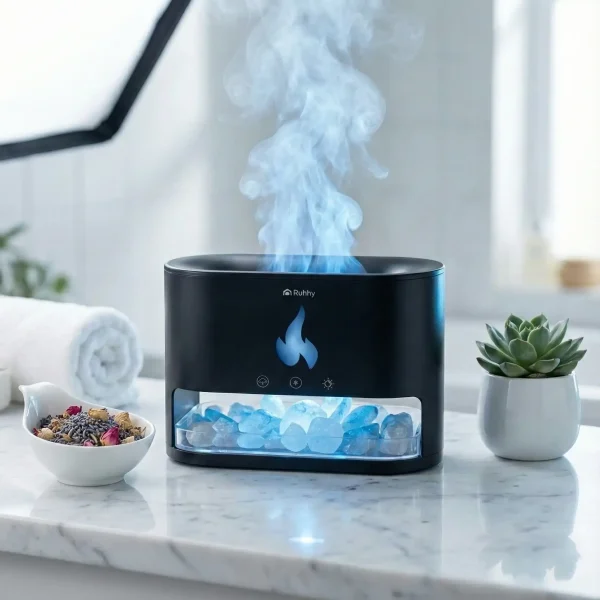 A Ruhhy aromaterápiás párologtató egy letisztult enteriőrben, kék háttérvilágítással