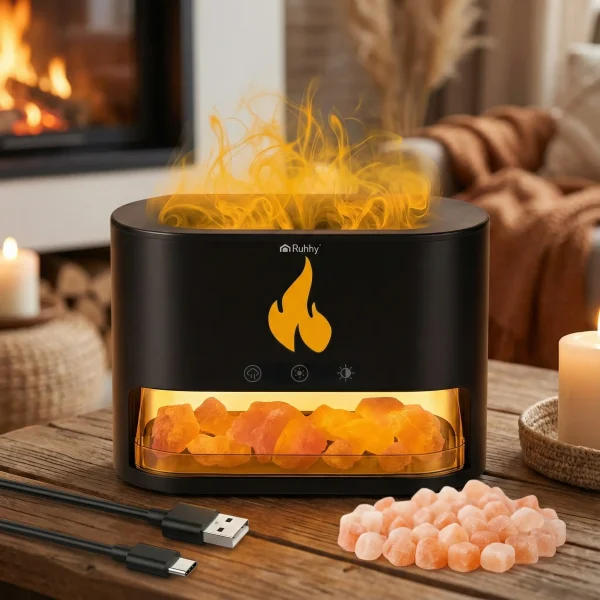 Az aromaterápiás párologtató, előterében egy USB kábel és a parázs dekorként szolgáló tartozék