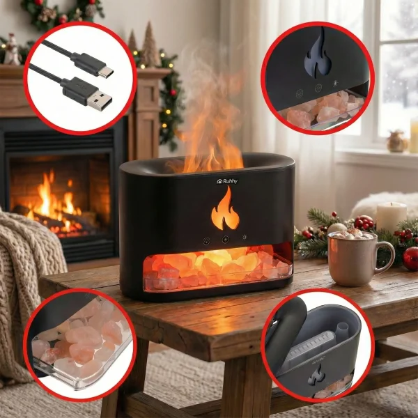 A Ruhhy aromaterápiás párologtató egy fa asztalon, körben pedig az eszköz tartozékai