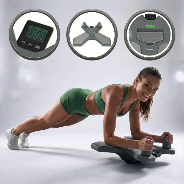 A Trizand egyensúly deszka alkalmazásának pontos bemutatása, a kép tetején pedig az eszköz fontosabb kiegészítői, részletei láthatóak