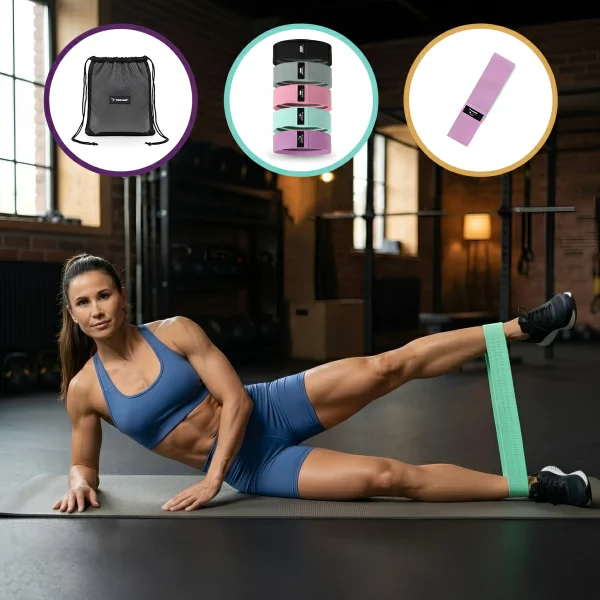 A Trizand erősítő gumiszalag alkalmazásának bemutatása (kép alján), valamint a készlet egyes darabjai (kép teteje)