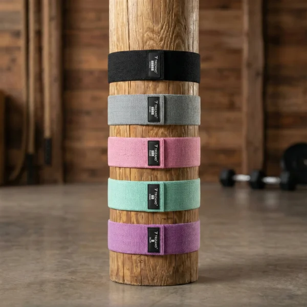 A fekete, szürke, rózsaszín, mentazöld és lila erősítő gumiszalag felkötve egy fa gerendára