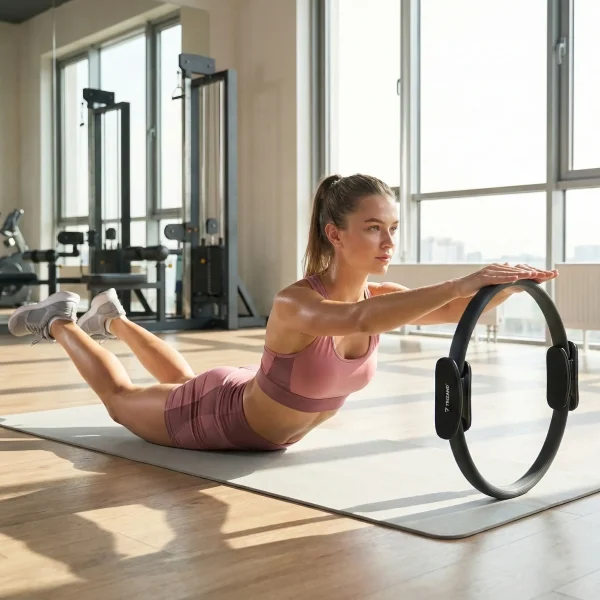 Fiatal lány erősíti törzsét és karjait a pilates karikával