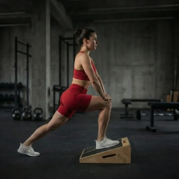 Nő piros sportruházatban kitörésest végez a vádlinyújtó deszkán