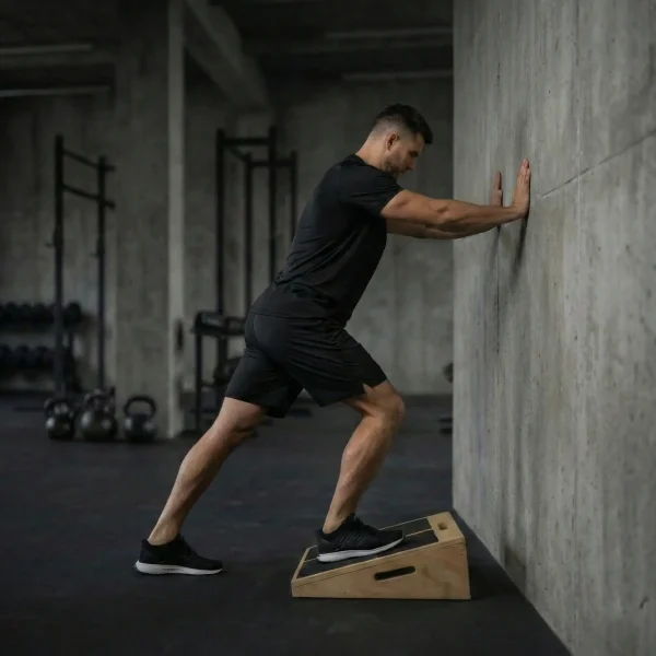 Egy férfi a falnál állva nyújtja vádliját a a Trizand vádlinyújtó deszka segítségével