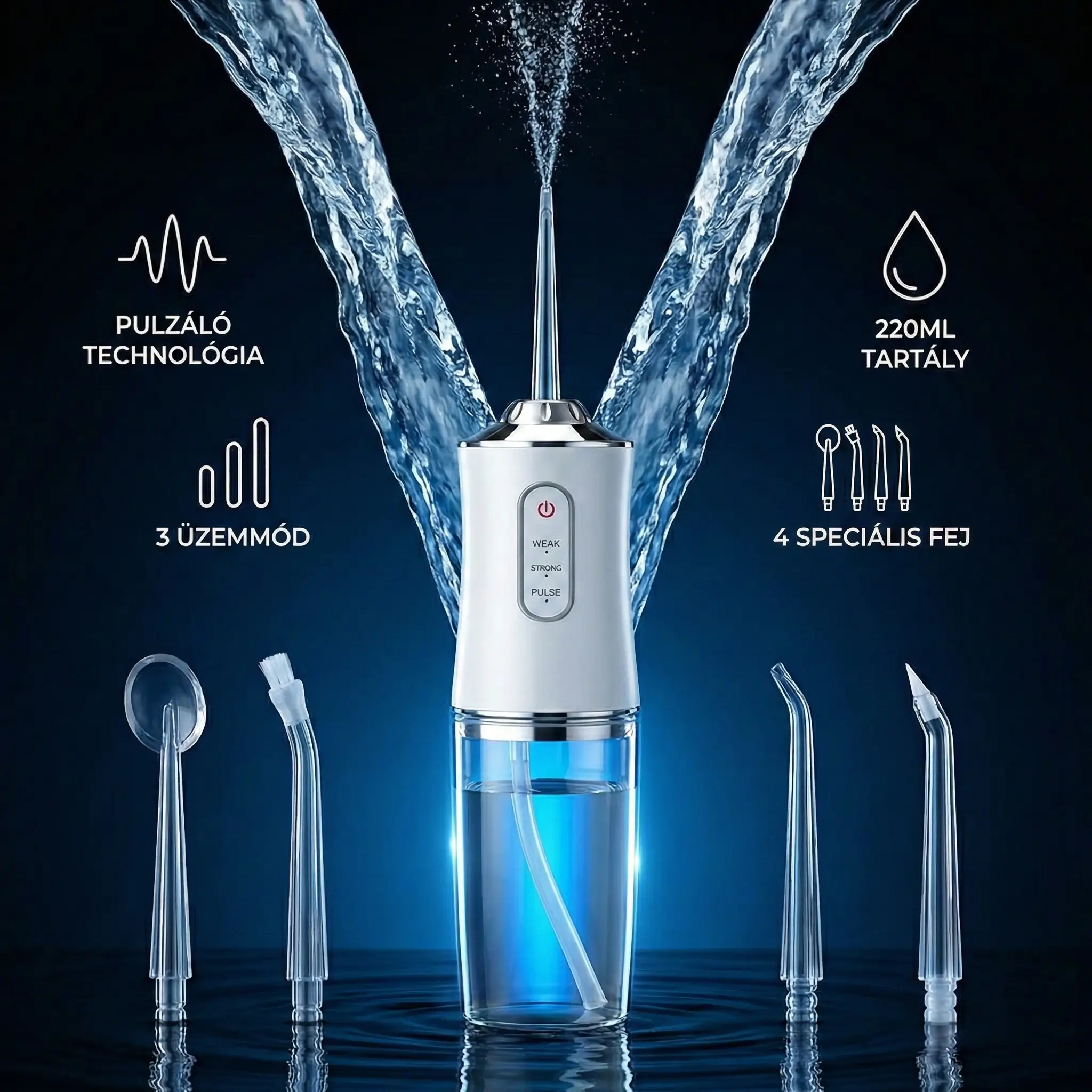 Előtérben az aqua sensitive szájzuhany 4 pótfejével és kiemelt funkcióival, a háttérben pedig két oldalra irányuló vízsugár látható