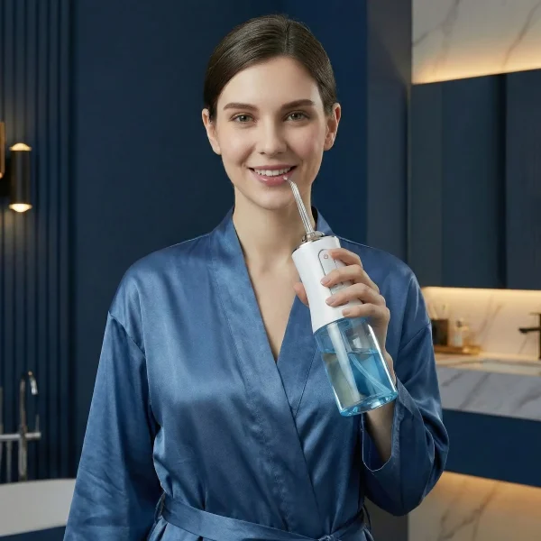 Mosolygó nő fogja az aqua sensitive szájzuhanyt egy modern fürdőszobában