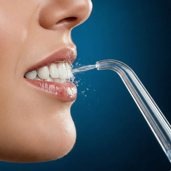 Közeli fotó amelyen szájzuhany segítségével történik a fogak tisztítása
