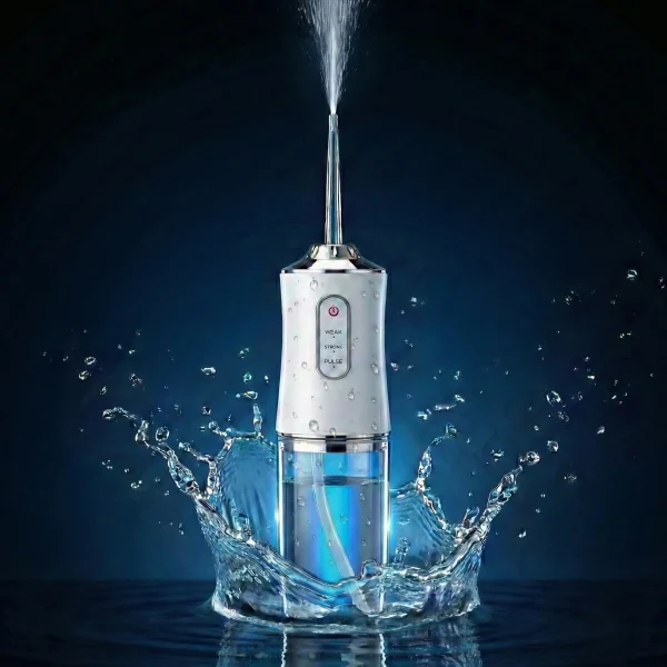 Aqua sensitive szájzuhany vízsugárral működés közben, vízcseppekkel és vízfröccsenéssel, kék háttér előtt