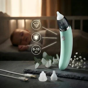 Elektromos orrszívó nyugodt hálószobai környezetben, a készülék tartozékaival az előtérben