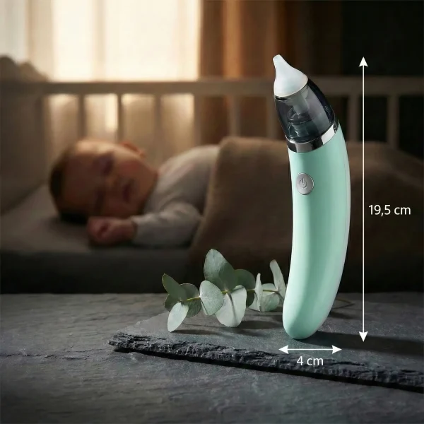 Az elektromos orrszívó paraméterei, háttérben egy nyugodt, alvó babával