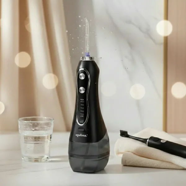 Szájzuhany egy pohár vízzel és elektromos fogkefével a háttérben