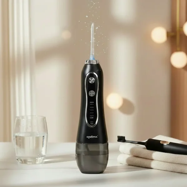 A Soulima szájzuhany használatra kész állapotban egy fürdőszobai polcon