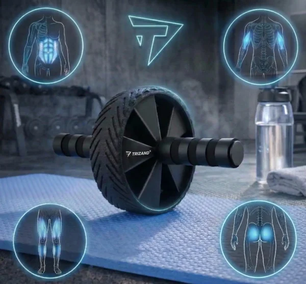 Trizand hasizomkerék, alatta a térdvédő szőnyeg, a kép sarkaiban pedig az eszköz által erősíthető izomcsoportok láthatóak