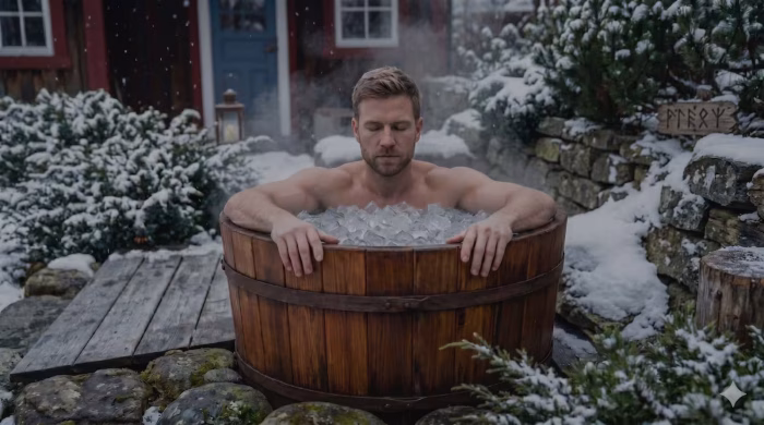 Atlétikus férfi mutatja be a merülő dézsa helyes használatát egy autentikus skandináv kertben